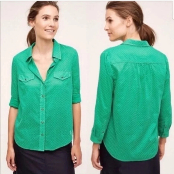 Maeve by Anthropologie green button down with white polka dots. Size 0. EUC. - Picture 1 of 6